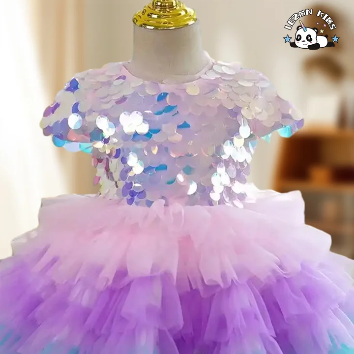 LEZONKIDS - Vestido de menina com lantejoulas e tutu em camadas para aniversário, vestido de princesa fofo e florido